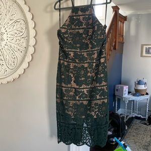 Bardot hunter green lace fitted halter dress